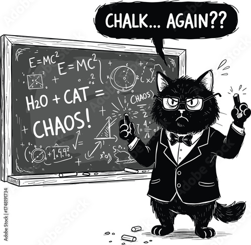 Angry Professor Cat and Science of Chaos on Chalkboard Sketch
