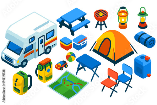 Family Roadtrip Icons. Isometric vector illustration set Family roadtrip: RV camper, picnic table, barbecue grill, tent, toys,