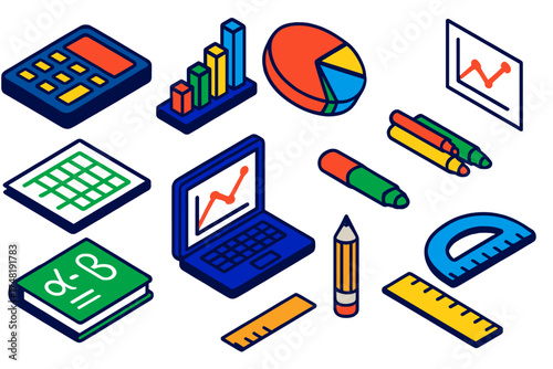 Colorful Data Analysis Tools. Isometric vector illustration set Statistical analysis: calculator, bar graph, pie chart, line chart