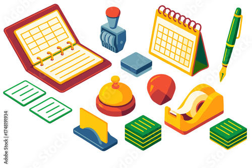 Bold Desk Essentials. Isometric vector illustration set Appointment desk setup: leather organizer, week-at-a-glance insert,