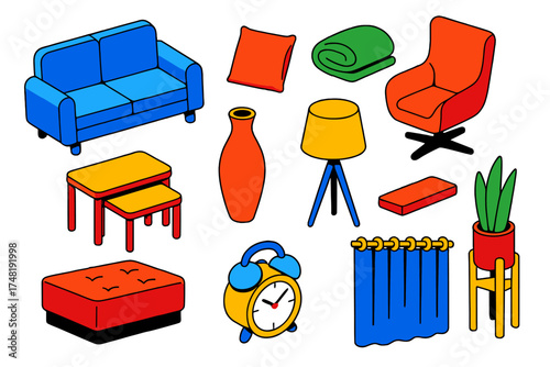 Modern Furniture Icons. Isometric vector illustration set Modern Furniture: loveseat sofa, velvet pillow, fleece throw, swivel