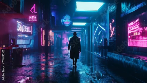Lone figure walking through futuristic cyberpunk city alley