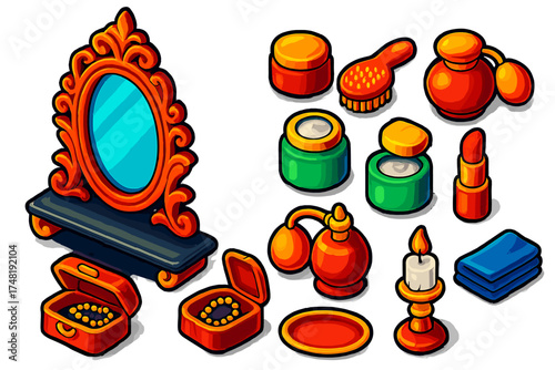 Elegant Vanity Essentials. Isometric vector illustration set Elegant Vanity: vintage mirror, carved frame, glass shelf, powder jar
