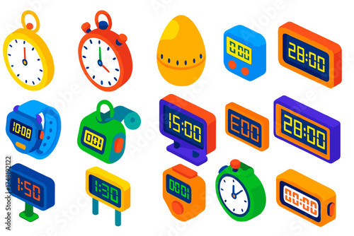 Time Measurement Tools. Isometric vector illustration set Time Measurement Tools: chronograph stopwatch, stopwatch timer, egg