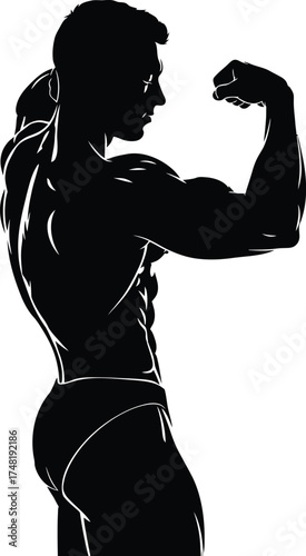 Silhouette of a muscular man flexing his biceps isolated on white background, symbolizing strength, fitness, and dedication to bodybuilding
