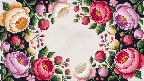 Vintage Floral Border with Peonies and Roses flowers
