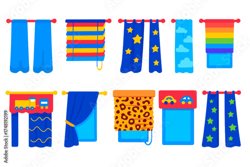 Colorful Kids Room Curtains. Isometric vector illustration set Kids Room Curtains: cartoon curtain, colorful rod, playful blinds,