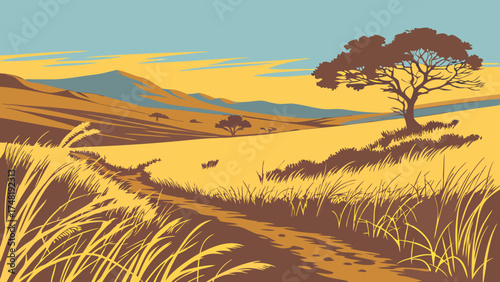Abstract Landscape Illustration Warm Colors Trail Through Field.