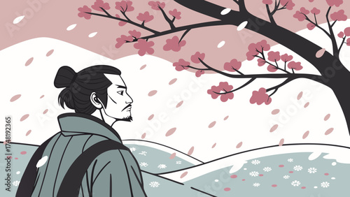 An artistic illustration of a person in a Japanese-style scene.