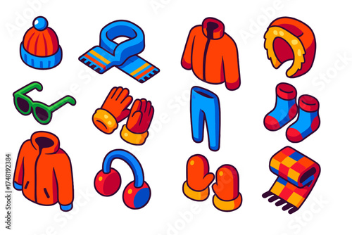 Cozy Winter Essentials. Isometric vector illustration set Cozy Winter Wear: knitted beanie, woolen scarf, stylish sunglasses,