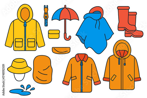 Rainy Day Essentials. Isometric vector illustration set Rainy Day Gear: rain jacket, waterproof zipper, pocket flap, umbrella,