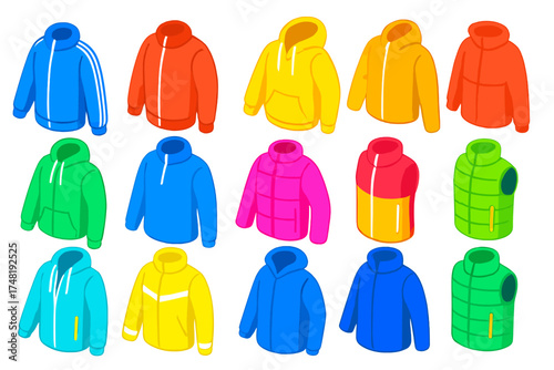 Sport Jacket Collection. Isometric vector illustration set Sport Jackets: track jacket, front zipper, kangaroo pocket, running