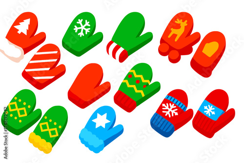 Festive Holiday Mittens. Isometric vector illustration set Holiday Mittens: Christmas mittens, snowflake wool gloves, reindeer