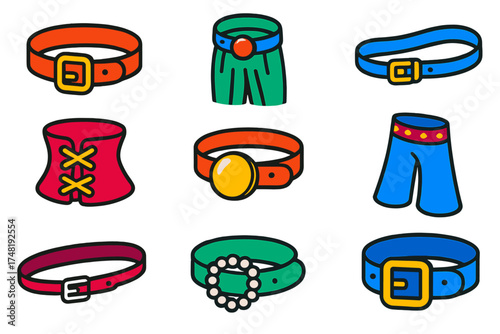 Colorful Women's Belts. Isometric vector illustration set Women’s Belts: waist belt, decorative buckle, pleated pants, slim loop,