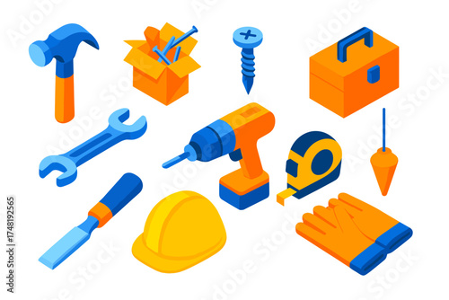 Colorful Tool Icons. Isometric vector illustration set Construction Kit: claw hammer, box of nails, cross screw, tool case, wrench