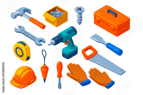 Colorful Tool Icons. Isometric vector illustration set Construction Kit: claw hammer, box of nails, cross screw, tool case, wrench