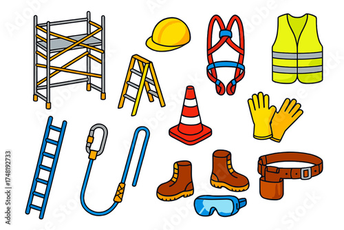 Construction Safety Icons. Isometric vector illustration set Construction Safety: scaffold ladder, step ladder, hard hat, harness