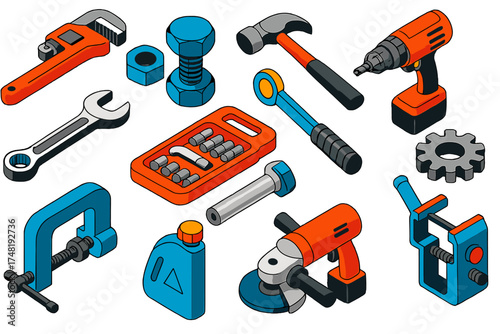 Heavy Duty Tools. Isometric vector illustration set Heavy Duty Workshop: pipe wrench, massive bolt, locking nut, hammer, power