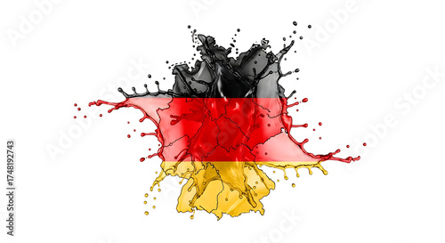 Dynamic splashes of color form the german flag, isolated on transparent background, representing the nations unity, history, and cultural identity in a modern and artistic interpretation