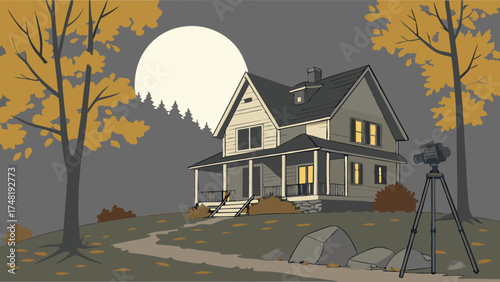 Autumn Scene with House and Tripod in Silhouette.