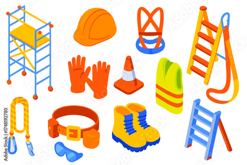 Construction Safety Icons. Isometric vector illustration set Construction Safety: scaffold ladder, step ladder, hard hat, harness