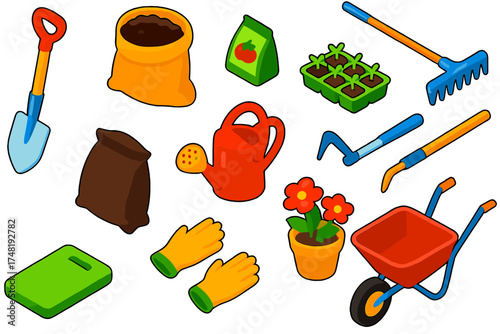 Colorful Garden Tools. Isometric vector illustration set Backyard Gardening: steel shovel, soil sack, fruit seeds, seedling tray,