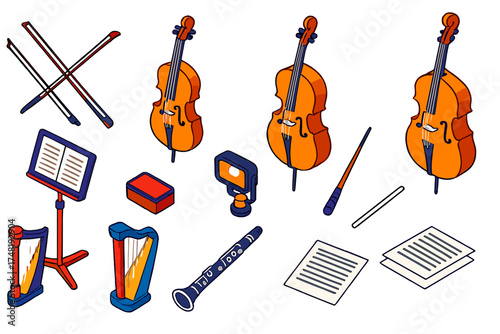 Chamber Music Icons. Isometric vector illustration set Chamber Music: violin, viola, cello, string bass, bows, music stand, sheet