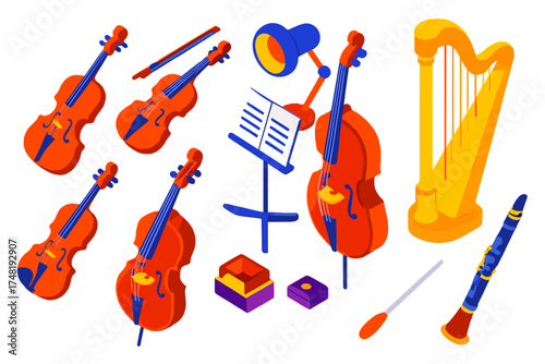 Chamber Music Icons. Isometric vector illustration set Chamber Music: violin, viola, cello, string bass, bows, music stand, sheet