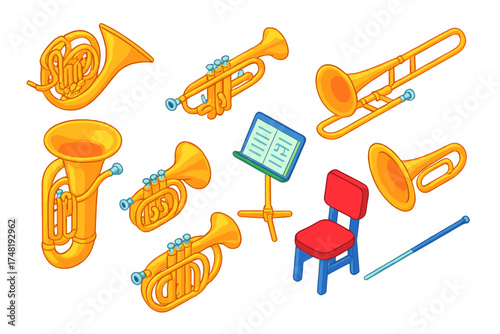Classical Brass Instruments. Isometric vector illustration set Classical Brass: French horn, trumpet, trombone, tuba, cornet,