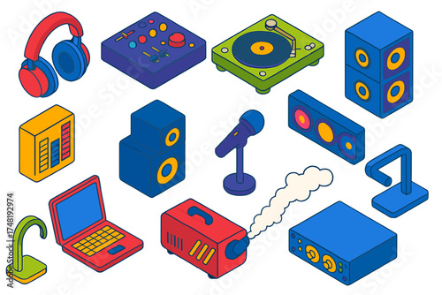 Club DJ Gear. Isometric vector illustration set Club DJ Gear: headphones, mixing console, turntable, vinyl disc, sound equalizer,