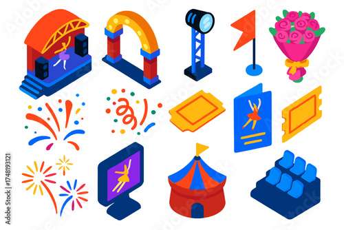 Ballet Festival Vibrance. Isometric vector illustration set Ballet Festival: outdoor stage, decorative arch, spotlight tower,