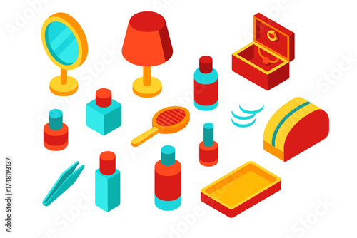 Colorful Vanity Essentials. Isometric vector illustration set Vanity Table Items: round makeup mirror, table lamp, jewelry box,