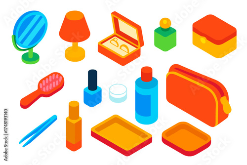 Colorful Vanity Essentials. Isometric vector illustration set Vanity Table Items: round makeup mirror, table lamp, jewelry box,