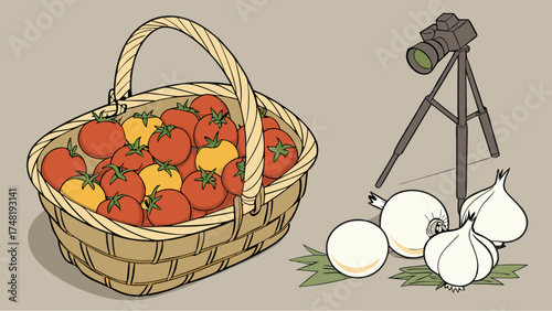 Basket of Tomatoes Onions and Photography Equipment Illustration.