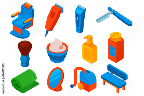 Barber Shop Essentials. Isometric vector illustration set Barber Shop Equipment: barber chair, clipper machine, trimmer, straight