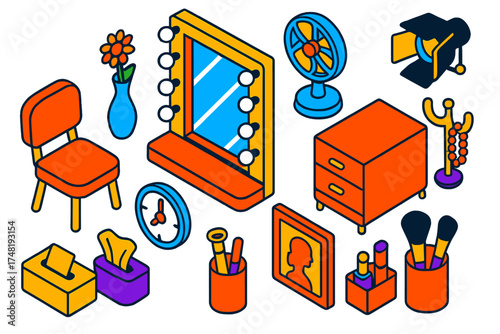 Vibrant Dressing Room Icons. Isometric vector illustration set Dressing Room Beauty: dressing mirror with bulbs, vanity chair,