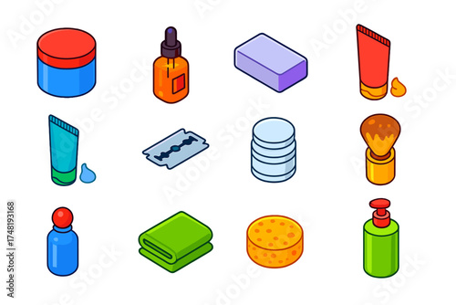 Vibrant Grooming Accessories. Isometric vector illustration set Grooming Accessories: shaving cream jar, pre-shave oil, alum block