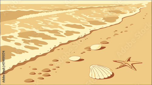 Beach Scene Illustration with Waves Shells and Starfish.