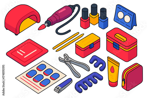 DIY Manicure Essentials. Isometric vector illustration set DIY Manicure: small UV lamp, portable drill, compact polish bottles,