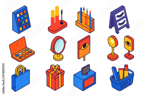 Cosmetic Store Eye Section. Isometric vector illustration set Cosmetic Store Eye Section: eyeshadow shelves, mascara display,