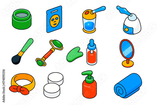Facial Spa Essentials. Isometric vector illustration set Facial Spa: clay mask jar, sheet mask pack, steam machine, facial brush,