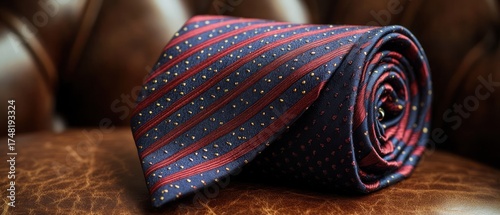 Rolled patterned necktie on leather surface