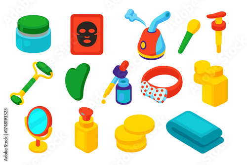 Facial Spa Essentials. Isometric vector illustration set Facial Spa: clay mask jar, sheet mask pack, steam machine, facial brush,