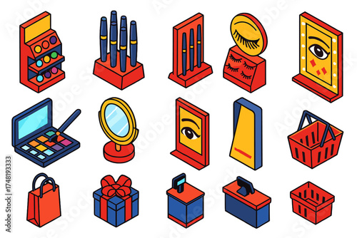Cosmetic Store Eye Section. Isometric vector illustration set Cosmetic Store Eye Section: eyeshadow shelves, mascara display,