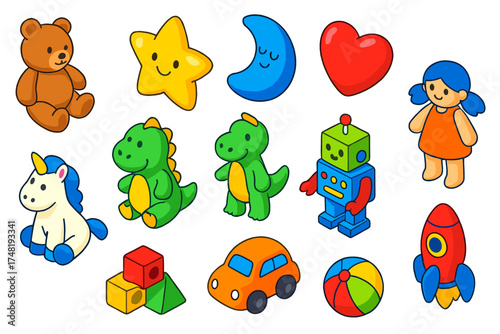 Colorful Children's Toys. Isometric vector illustration set Children’s Room Plush: teddy bear, star pillow, moon plush, heart