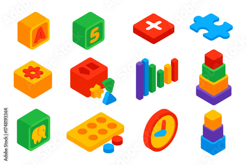 Colorful Educational Blocks. Isometric vector illustration set Educational Blocks: alphabet brick, number brick, math tile, puzzle