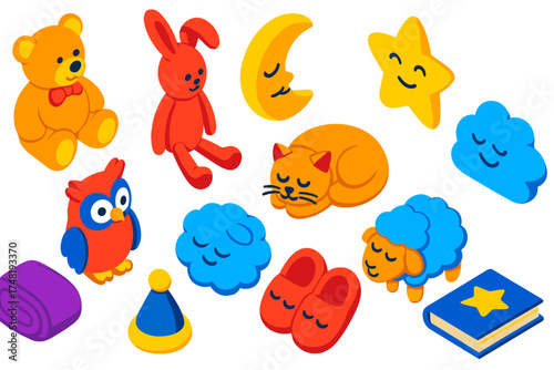 Colorful Bedtime Plushies. Isometric vector illustration set Bedtime Plush: teddy bear, bunny plush, moon pillow, star plush,