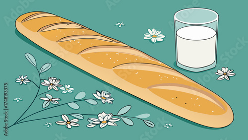 Bread Milk and Floral Arrangement Illustration.