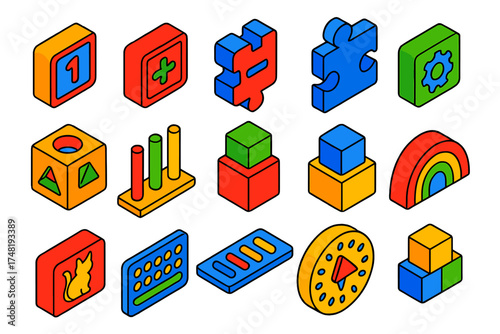 Colorful Educational Blocks. Isometric vector illustration set Educational Blocks: alphabet brick, number brick, math tile, puzzle