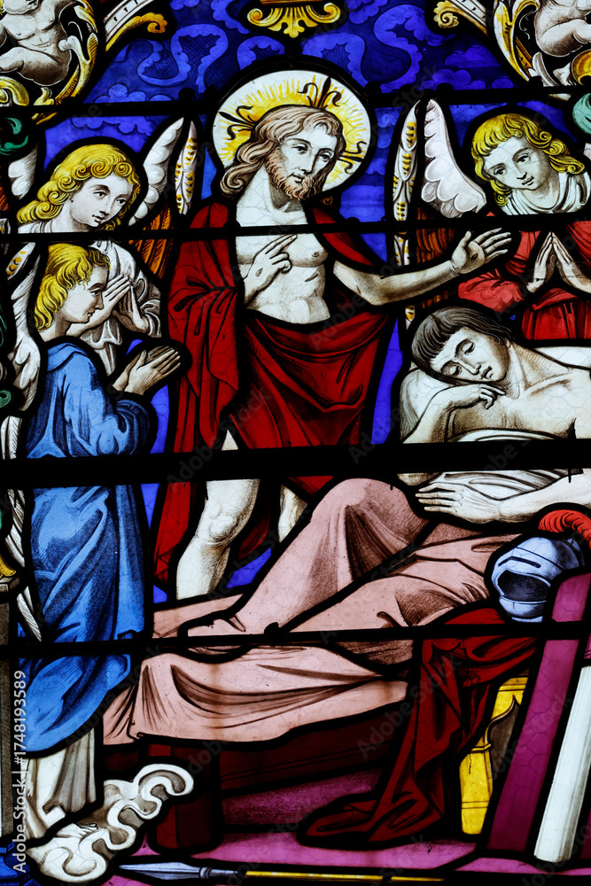 Fototapeta premium Saint Seine church. Stained glass. Jesus and Saint Martin still a catechumen. Corbigny. France.